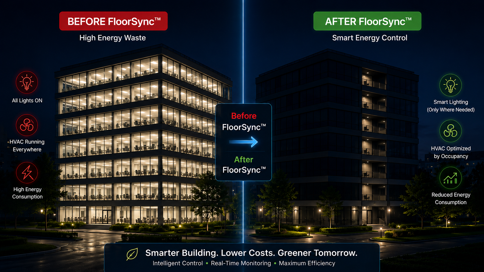 Before and after comparison showing FloorSync floor-wise energy optimization