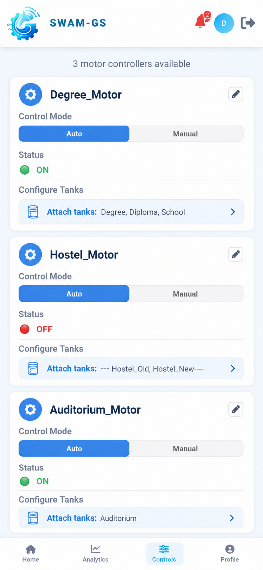 Water tank motor control mobile UI